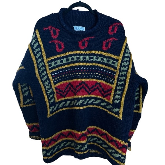 Vintage Hand Knit Wool Sweater Made in Ecuador Chunky Boho Western Aztec XL - Picture 5 of 6